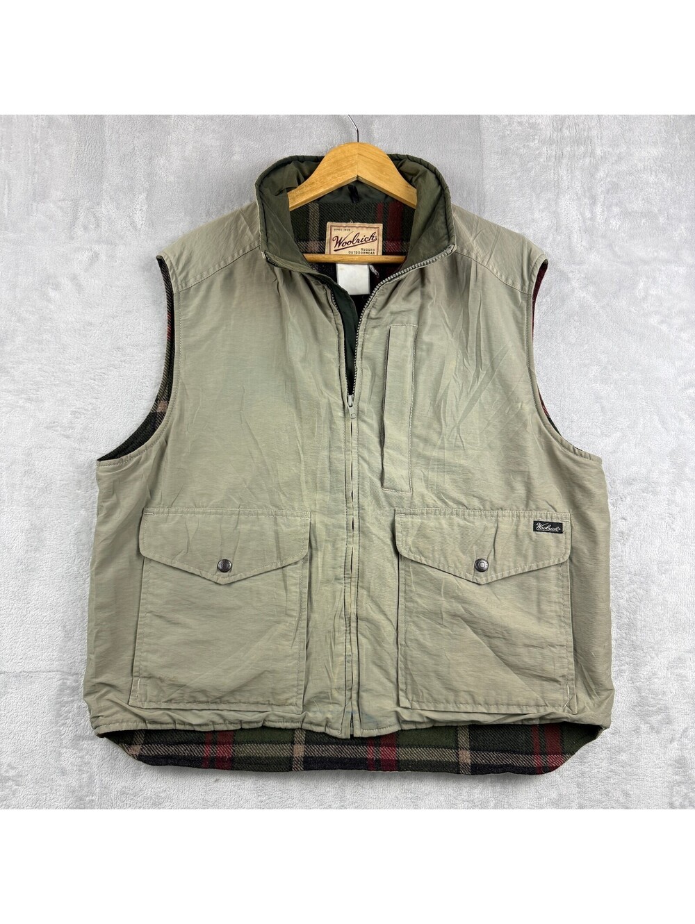 VTG Woolrich Outdoor Utility Vest Sage Green Plaid Lined Multi Pocket Retro MenL